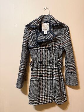 Arden B Glen Plaid Pea Coat - Office Siren / Y2K Leather Trim